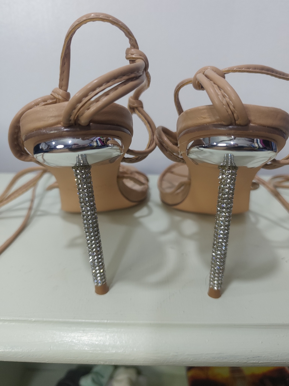 Liliana Tan Strappy Rhinestone Stiletto Sandals